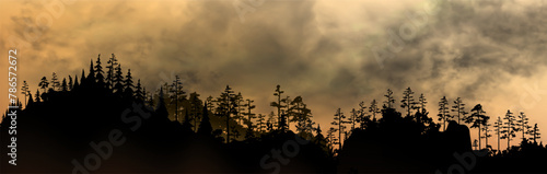 Vector illustration of the conflagration in the mountain forest. Fire spread rapidly through the trees. Tons of black realistic smoke above the woods