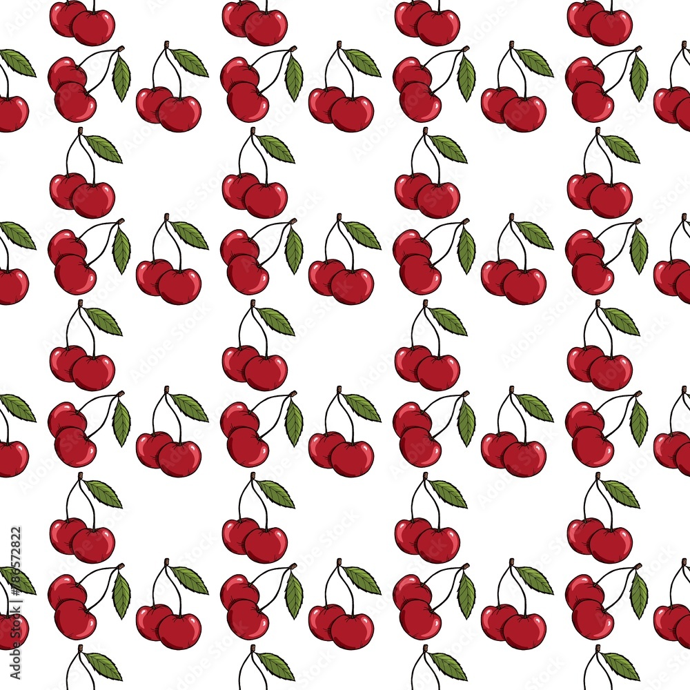 Bright ripe red cherries on white background abstract repeat seamless pattern sketch illustration Bright ripe red cherries on white background abstract repeat seamless pattern sketch illustration