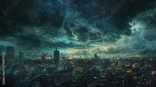 stormy weather over city skyline dark clouds and lightning apocalyptic cityscape digital painting