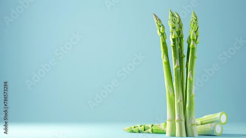 Asparagus A photorealistic illustration against pastel blue background with copy space for text or logo, beautifully illuminated by studio lighting