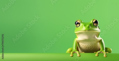 Green frog closeup face, studio green background with empty space