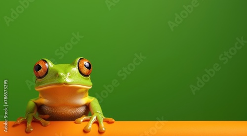 Red eyed tree frog face portrait closeup, studio green background with empty space