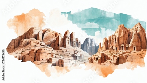 Petra and Amman cityscape double exposure contemporary style minimalist artwork collage illustration. photo