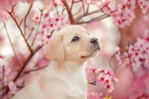 A cute puppy perched in a tree surrounded by pink flowers
