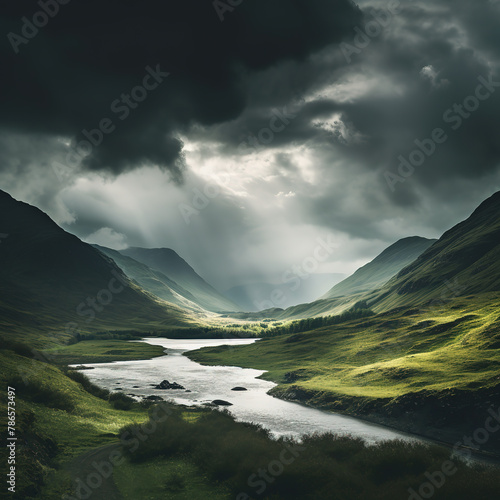 Green valley with river under dark cloudy sky