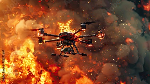 Witness a flying drone engulfed in flames against a sinister background.