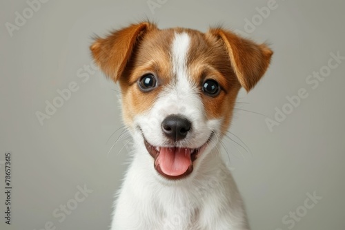 A small brown and white dog with a big smile on its face