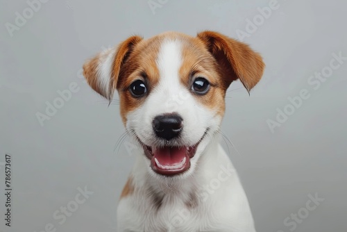 A small brown and white dog is smiling and looking at the camera