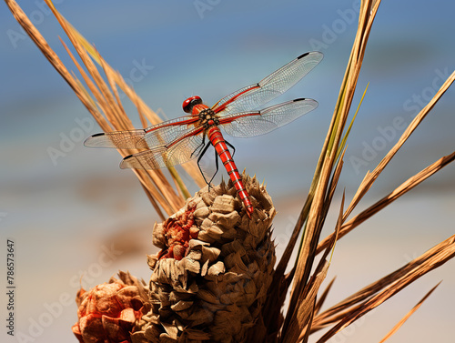 Red dragonfly sitting on the dry plants. Big abstract insect colse up view. photo