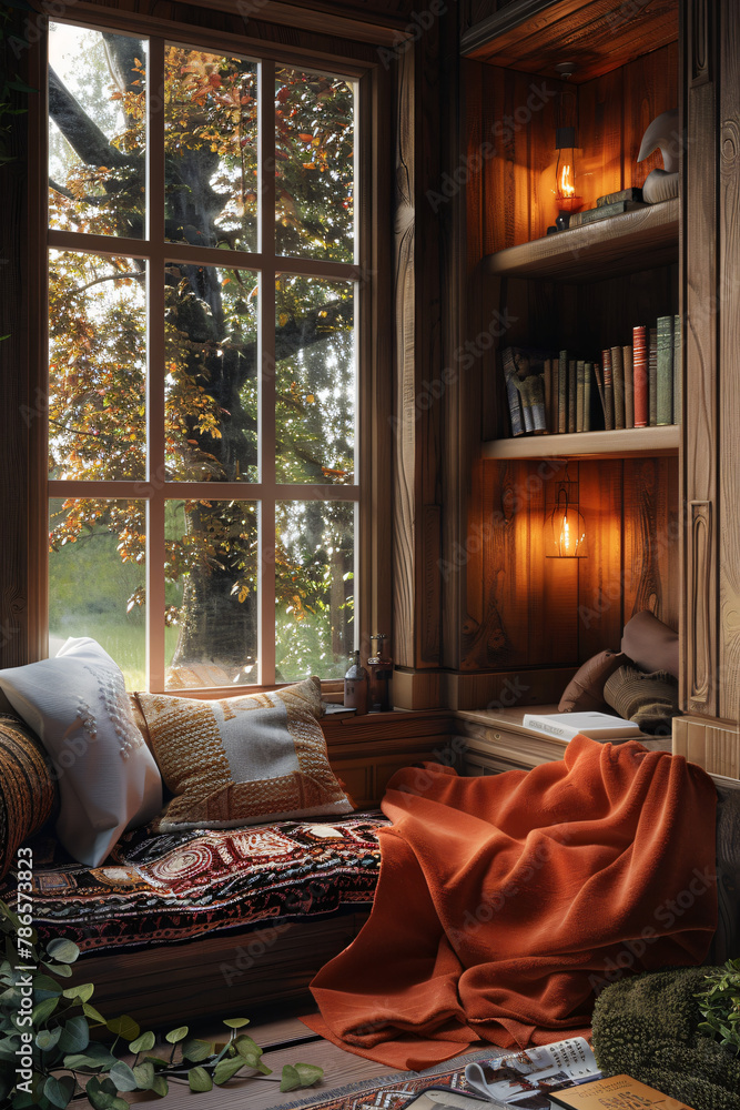 Cozy Alcove with Built-In Window Seat and Books Cozy Alcove with Built-In Window Seat and Books