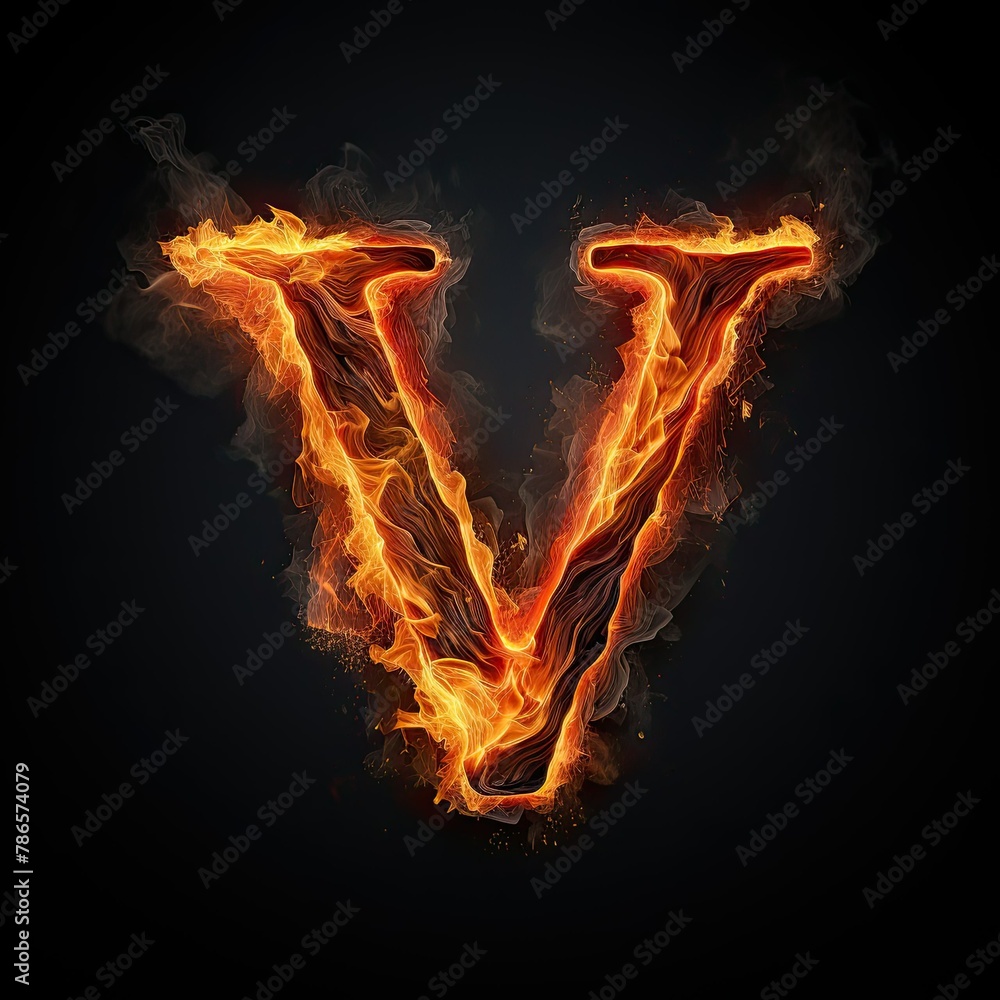 Lava letter V. Fiery stone alphabet font. Burning stone with orange inferno veins and fire. Lava letter V. Fiery stone alphabet font. Burning stone with orange inferno veins and fire.