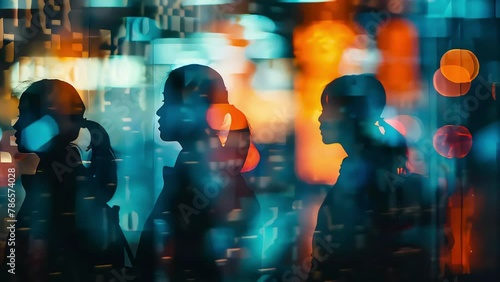 A crowd of different people, silhouettes reflected in the glass, creating a bokeh effect, against a sunset background, blue and yellow hues, professional, businesslike atmosphere.