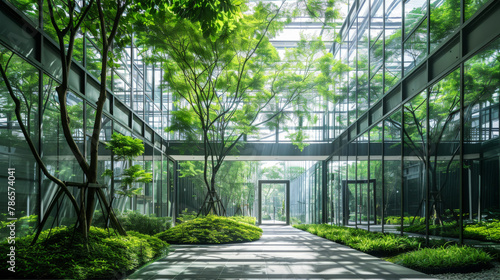 Beautiful picture of a modern building among a green park with trees. Trees and green environment in eco-friendly glass office