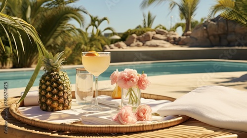 Tray with cocktail and fruit. Tropical drink and food in luxury resort