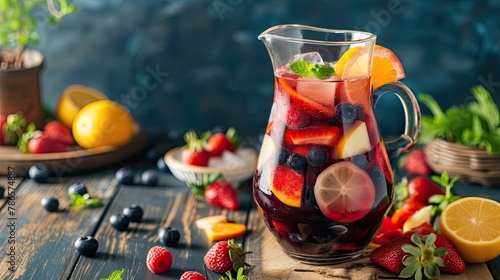 Fruity sangria pitcher filled with fresh sliced fruit, red wine. The establishment signature drink, affordable beverage, homemade cocktail, vitamins, healthy eating, natural product. Generative by AI