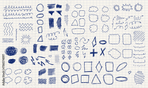 A set of hand-drawn sketches. Lines, arrows shapes, scribbles, frames and strokes. A piece of lined paper, shown a creative, abstract designs. Notebook page pen and markers doodles.