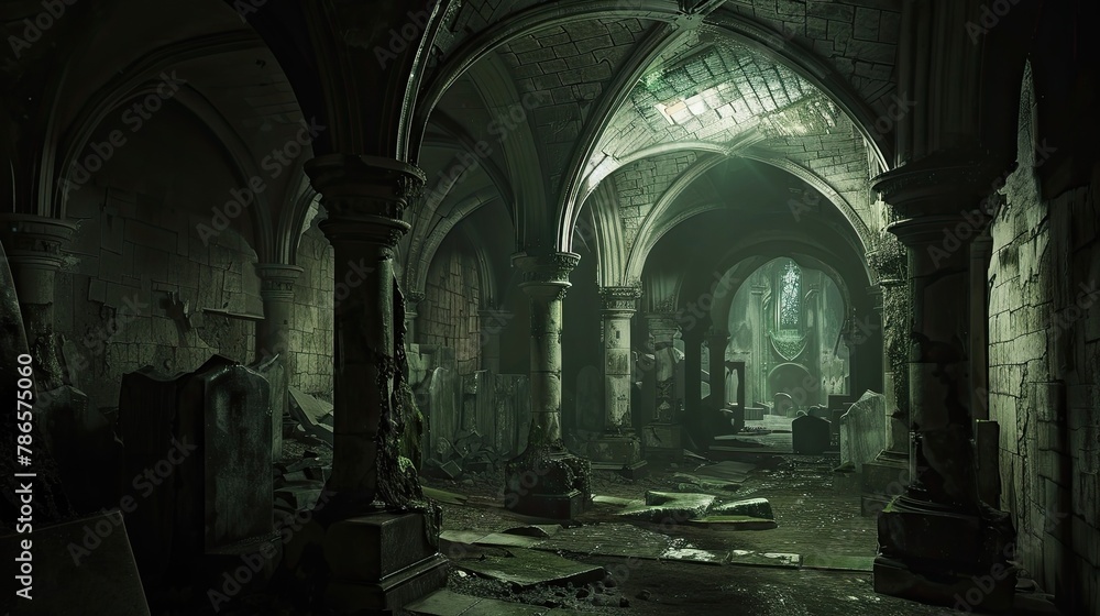 Obraz premium Forgotten catacombs beneath a ruined cathedral, remains of lost civilization. Mysticism, paranormal, creepy place, dust, dampness, not a soul, underground structure, fear. Generative by AI