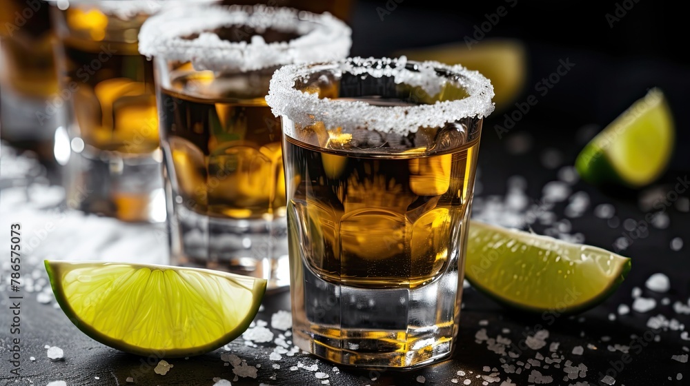 Tequila shot served with salt and lemon. Alcohol, glass, bar, club, vintage, wood. Casual evening in stylish place where people enjoy aromatic drinks and company of friends concept. Generative by AI Tequila shot served with salt and lemon. Alcohol, glass, bar, club, vintage, wood. Casual evening in stylish place where people enjoy aromatic drinks and company of friends concept. Generative by AI