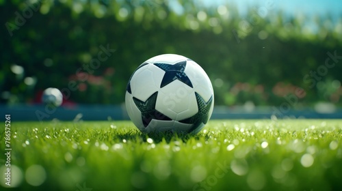 A pristine soccer ball lies on the lush green of the midfield, the stadium's energy palpable in this 4k close-up