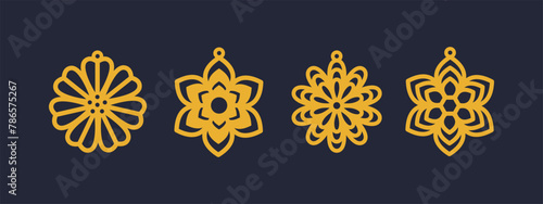 Floral earrings, pendant or keychain design. Jewelry silhouette laser cut template. Cnc cutting with metal, wood or leather. Vector set with flowers.