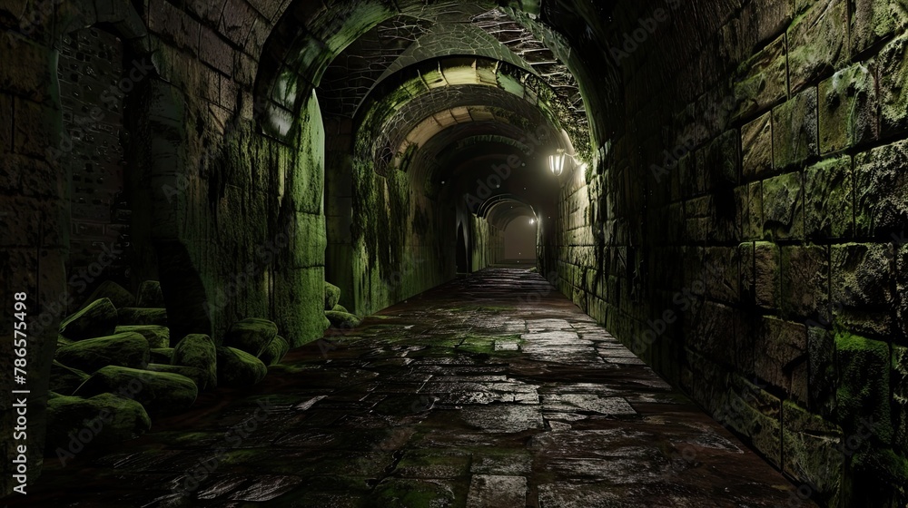 Dimly lit dungeon corridor surrounded by moss-covered stone wall. Gloomy place, ghosts, paranormal, gothic, middle ages, ruins, dust, dampness, underground structure, mysticism. Generative by AI