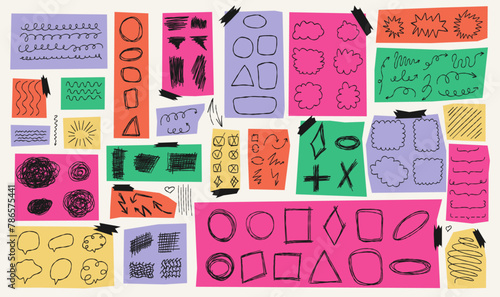 A collage of different colored papers with a variety of hand-drawn sketches and doodles. Lines, arrows shapes, scribbles, frames and strokes. Notebook page pen and markers doodles.