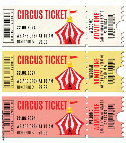 A set of three circus tickets, each with a different color scheme