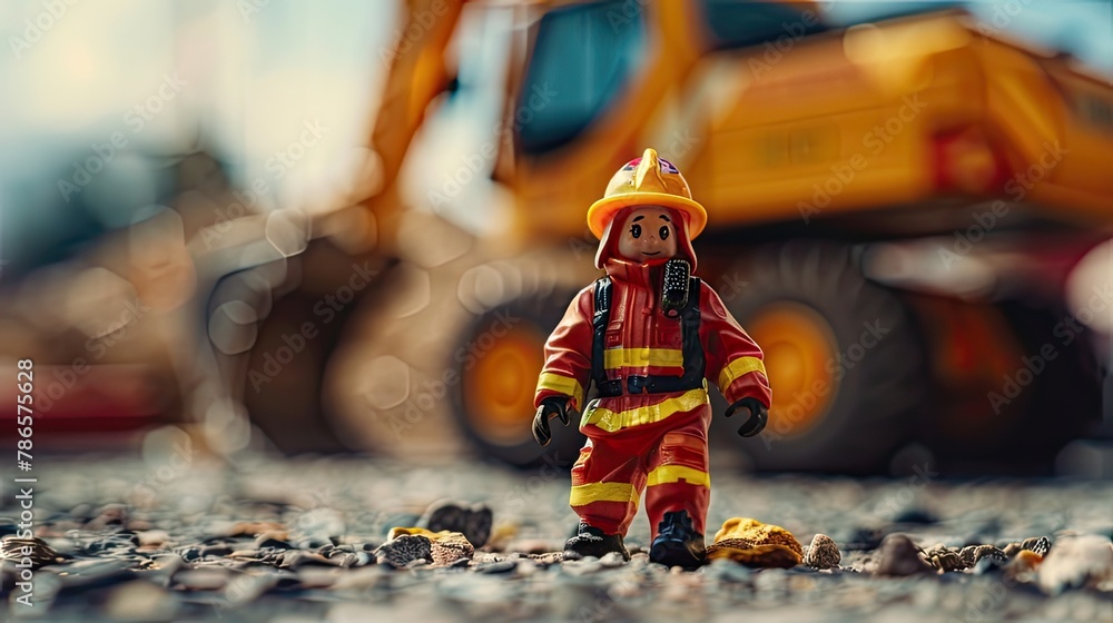 Fototapeta premium A little fireman figure stands ready with a construction site backdrop.