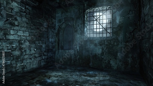 Damp and musty dungeon chamber with a barred window offering. Prison cell, ghosts, paranormal, gothic, middle ages, ruins, dust, dampness, underground structure, mysticism, fear. Generative by AI photo