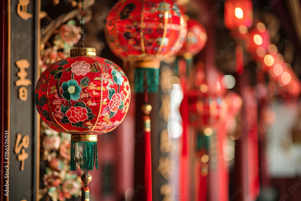 A row of oriental style lanterns hanging from a ceiling in a room with red walls and red and green