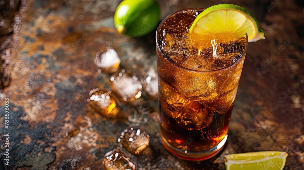 Classic rum and coke cocktail served with wedge of lime, glass, club, bar, wood. Casual evening in stylish place where people enjoy aromatic drinks and company of friends concept. Generative by AI Classic rum and coke cocktail served with wedge of lime, glass, club, bar, wood. Casual evening in stylish place where people enjoy aromatic drinks and company of friends concept. Generative by AI