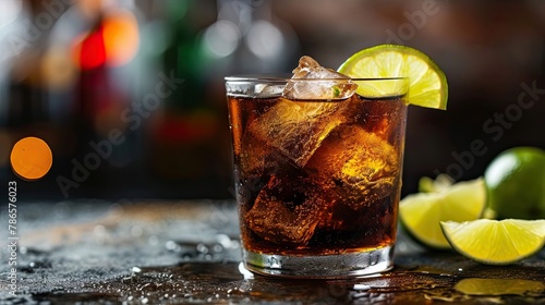 Classic rum and coke cocktail served with wedge of lime, glass, club, bar, wood. Casual evening in stylish place where people enjoy aromatic drinks and company of friends concept. Generative by AI