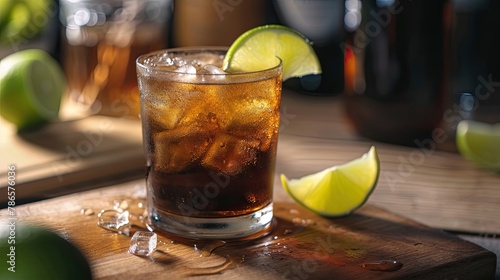 Classic rum and coke cocktail served with wedge of lime, glass, club, bar, wood. Casual evening in stylish place where people enjoy aromatic drinks and company of friends concept. Generative by AI photo