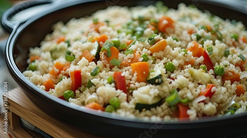 Cauliflower rice stir-fry with mixed vegetables, splash of oil. Healthy eating, diet, natural products, close-up. The concept is relatively simple dish that anyone can make at home. Generative by AI photo