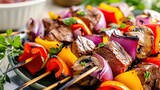Juicy grilled beef kebab with colorful bell peppers and onions topped with sweet and sour sauce. Homemade dish, serving, close-up, easy to prepare. Culinary excellence concept. Generative by AI