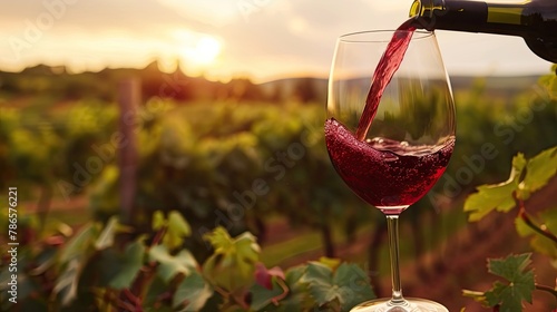 Goblet of wine against background of field of grapes, sunset, soft sunlight. Alcohol, glass, ruby liquid, landscape. Calmness and delight in the beauty of nature concept. Generative by AI