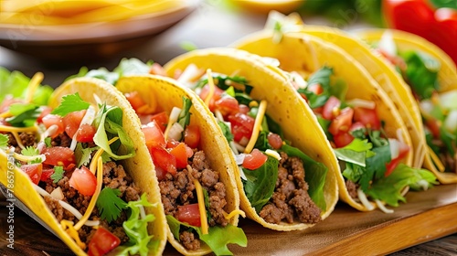 Beef tacos loaded with seasoned ground beef lettuce cheese and bell pepper. Homemade dish, serving, close-up, diet food, easy to prepare. Culinary excellence, sophistication concept. Generative by AI