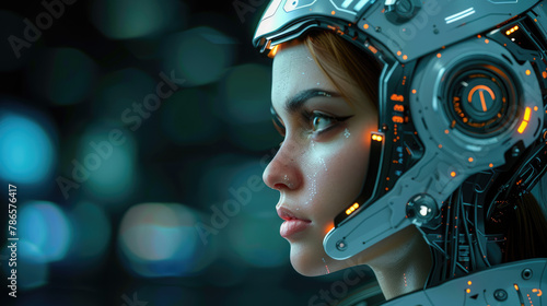 battle robot transformer in armor with the face of a Beautiful girl robot battle machine cybernetic organism. look to the side, in the frofil.  © Alia Shevcova