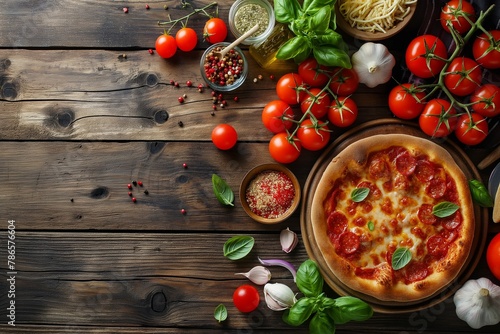 Tasty pizza tomatoes and other ingredients on a wooden background, pizza with ingredients on top view, pizza, tasty pizza, healthy pizza, fresh pizza, organic pizza made with ingredients 