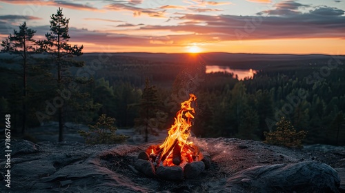 A small campfire in a coniferous taiga forest, perfect for frying sausages, captured during the golden hour