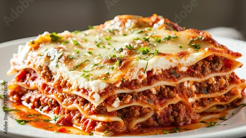 Authentic Italian lasagna with ricotta meat sauce, bechamel sauce. Restaurant dish and serving, close-up, specialty of the house. Concept of culinary excellence and sophistication. Generative by AI