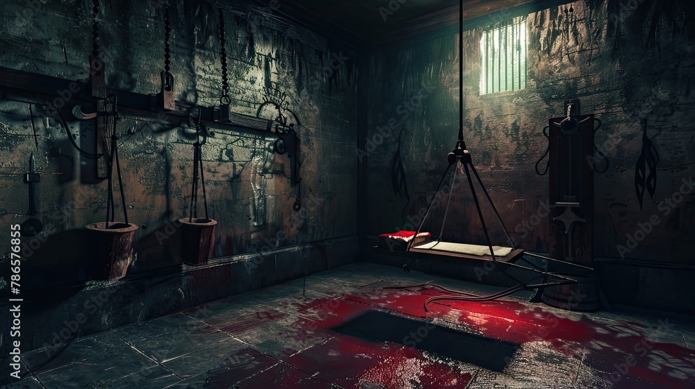 Torture chamber with an iron maiden and other gruesome device, chains, horror, thriller. Gloomy place, ghosts, paranormal, gothic, middle ages, ruins, dampness, mysticism, fear. Generative by AI Torture chamber with an iron maiden and other gruesome device, chains, horror, thriller. Gloomy place, ghosts, paranormal, gothic, middle ages, ruins, dampness, mysticism, fear. Generative by AI