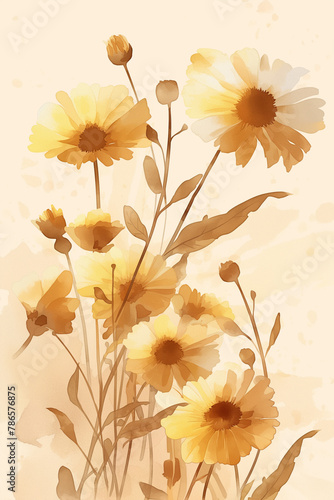 Arte abstrata contemporânea flores amarelas no fundo bege - Ilustração © Vitor