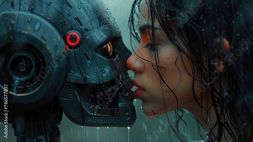 Love and kisses of the most beautiful girl and cyborg outfit in cyberpunk, futuristic, high-tech, generative AI. Combat robot transformer beautiful android girl. Cyberpunk society.  photo