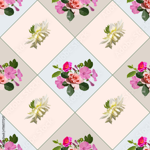 Vector floral pattern, seamless for kitchen tablecloth design, flowers pink rose, pitunia, white dahlia, tagethis on a checkered diagonal background in pastel colors