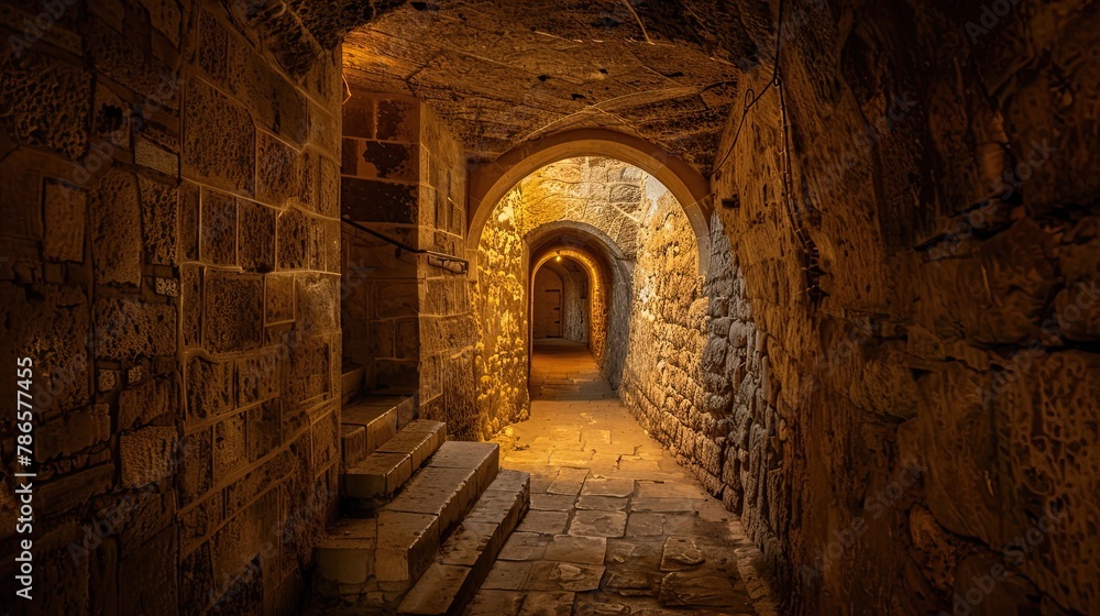 Secret underground passage leading to the heart of a medieval castle. Gloomy place, ghosts, dust, secret tunnel, paranormal, gothic, middle ages, ruins, dampness, mysticism, fear. Generative by AI