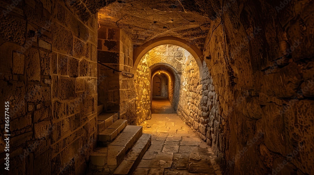 Fototapeta premium Secret underground passage leading to the heart of a medieval castle. Gloomy place, ghosts, dust, secret tunnel, paranormal, gothic, middle ages, ruins, dampness, mysticism, fear. Generative by AI