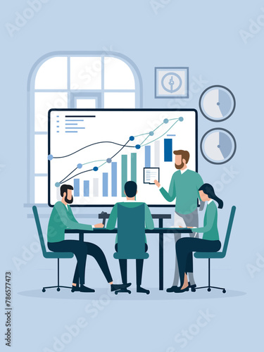 Graphic Representation of a Team of a Business Analyst Reviewing a Financial Dashboard on a Computer Screen, Vector Illustartion Style