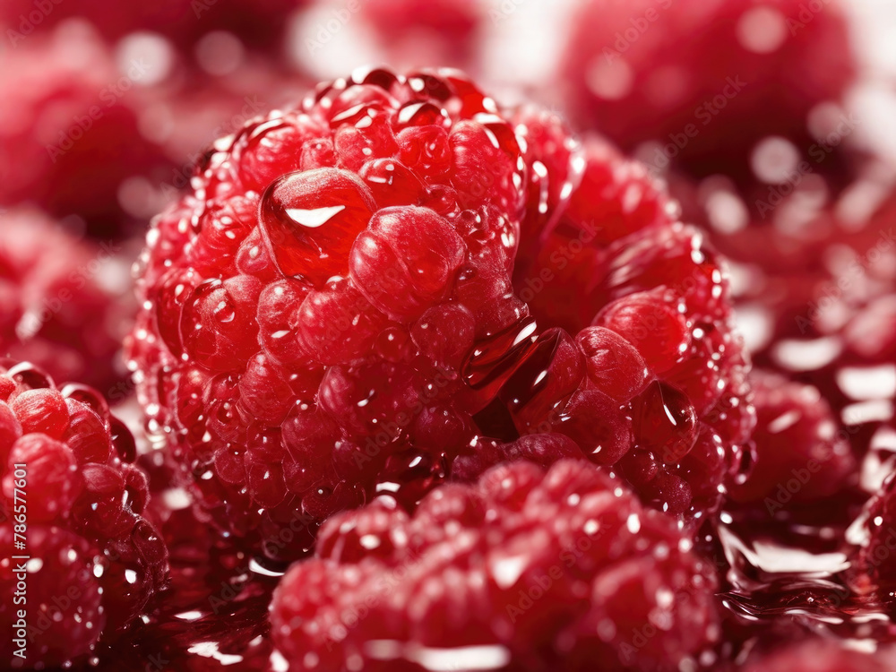 Close-up of perfect, appetizing raspberries adorned with glistening water droplets, showcasing their freshness and juiciness, with ample space for text, ideal for promoting healthy eating or culinary Close-up of perfect, appetizing raspberries adorned with glistening water droplets, showcasing their freshness and juiciness, with ample space for text, ideal for promoting healthy eating or culinary