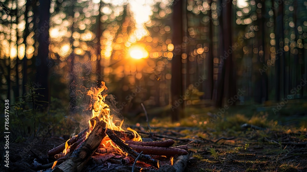 A small campfire in a coniferous taiga forest, perfect for frying sausages, captured during the golden hour A small campfire in a coniferous taiga forest, perfect for frying sausages, captured during the golden hour